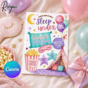 Könnte beinhalten: Eine Aquarell-Einladung für eine Pyjamaparty. Die Einladung zeigt den Text "Sleep Under" mit Details für Sarahs 10. Geburtstag, einschließlich Datum, Uhrzeit und RSVP-Informationen. Das Design umfasst einen Mond, Sterne und ein Zelt.