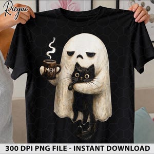 May include: A black t-shirt featuring a graphic of a white ghost holding a brown mug with the text MEH printed on it. The ghost is also holding a black cat with large eyes. The design is centered on the chest of the shirt, showcasing a whimsical illustration style with a dark background.