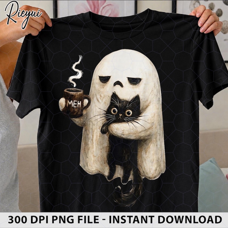 May include: A black t-shirt featuring a graphic of a white ghost holding a brown mug with the text MEH printed on it. The ghost is also holding a black cat with large eyes. The design is centered on the chest of the shirt, showcasing a whimsical illustration style with a dark background.