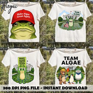 Könnte beinhalten: Vier weiße T-Shirts mit Frosch-Grafiken. Eines zeigt einen Frosch mit roter Mütze und dem Text Make Algae Great Again. Ein anderes zeigt einen Frosch mit Flagge und einem Team Algae-Schild. Ein drittes zeigt einen Frosch mit einem Schild mit demselben Text. Das vierte zeigt einen Bären, einen Pinguin und einen Frosch mit dem Text Team Algae.