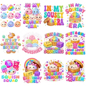 May include: A collection of twelve digital illustrations featuring colorful, smiling dumpling characters in bamboo steamers, accompanied by text phrases like In My Squishy Era, It's My Squishy Birthday, Just A Girl Who Loves Squishies, and Squish Squad.
