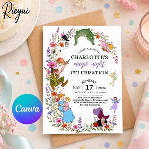 Disney Peter Pan Birthday Invitation Template Canva Editable, Tinker Bell Kids Party Invite, Neverland Printable
