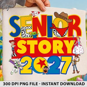 May include: A white fabric surface featuring a colorful graphic with the text SENIOR STORY 2027. The design includes cartoon characters like a space ranger, a cowgirl, a cowboy, a potato figure, and an alien, alongside a rocket and a cowboy hat.