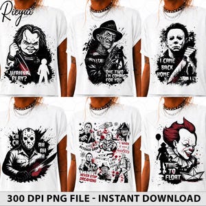 Può includere: Una collezione di sei magliette bianche con grafiche in bianco e nero di personaggi di film horror. I disegni includono Chucky con 'Wanna Play?', Freddy Krueger con 'One Two I'm Coming For You', Michael Myers con 'I Came Back Home', Jason Voorhees, un collage e Pennywise con 'Time To Float'.