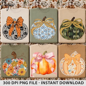 Paquete PNG de calabazas de otoño, diseños de sublimación de otoño, camiseta de calabaza con lazo coqueto, PNG de Acción de Gracias, PNG de especias de calabaza