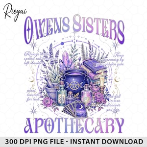 Puede incluir: Una ilustración digital con el texto Owens Sisters Apothecary, un caldero morado con un pentagrama, libros apilados, cristales, ramas de lavanda, botellas de vidrio, cartas del tarot y una vela, rodeados de texto místico y estrellas.