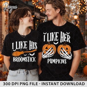 May include: Two black t-shirts featuring Halloween-themed graphics. One shirt displays the text I LIKE HIS BROOMSTICK with an orange broom illustration. The other shirt shows the text I LIKE HER PUMPKINS with two orange pumpkins and skeleton hands.