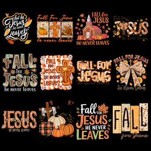 Könnte beinhalten: Eine Sammlung von zwölf Grafikdesigns mit dem Text Fall For Jesus He Never Leaves, verziert mit Kürbissen, Kreuzen, Herbstblättern, Fußbällen, Kirchen und Karomustern in Orange-, Braun- und Cremetönen auf einem schwarzen Hintergrund.
