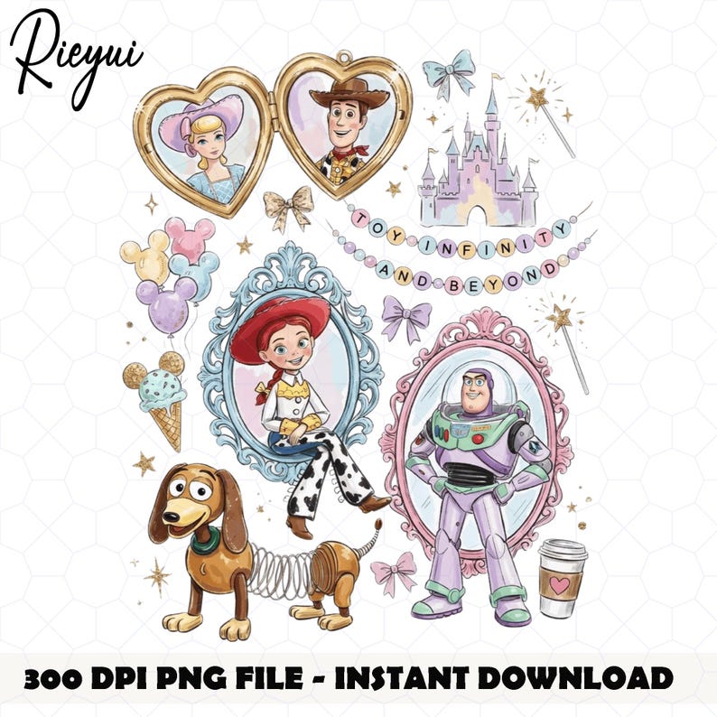 May include: Watercolour illustrations of Toy Story characters, including Woody, Buzz Lightyear, Jessie, and Bo Peep, in decorative frames. Other elements include a castle, balloons, and the phrase "Toy and Beyond".