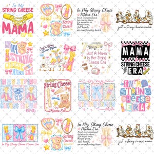 Op de afbeelding: Een verzameling kleurrijke grafische ontwerpen met de tekst "In My String Cheese Mama Era". De ontwerpen bevatten illustraties van kaasstengels, teddyberen, strikken en tekst. Het kleurenpalet omvat roze, blauw, geel en wit.