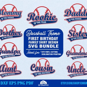 May include: A set of ten baseball-themed SVG designs for a first birthday. The designs feature a baseball with the words "Mommy of the Rookie", "Rookie of the Year", "Daddy of the Rookie", "Brother of the Rookie", "Sister of the Rookie", "Grandpa of the Rookie", "Grandma of the Rookie", "Aunt of the Rookie", "Cousin of the Rookie", and "Uncle of the Rookie".