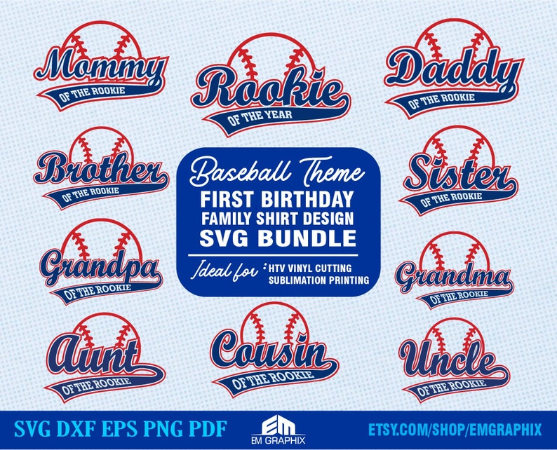 May include: A set of ten baseball-themed SVG designs for a first birthday. The designs feature a baseball with the words "Mommy of the Rookie", "Rookie of the Year", "Daddy of the Rookie", "Brother of the Rookie", "Sister of the Rookie", "Grandpa of the Rookie", "Grandma of the Rookie", "Aunt of the Rookie", "Cousin of the Rookie", and "Uncle of the Rookie".