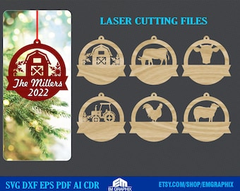 Boerderij kerstornament laserbestanden: Animal Bauble SVG-bundel (digitale download)