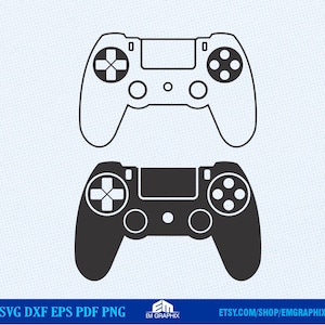 Może przedstawiać: Dwie czarno-białe ilustracje kontrolera do gier wideo. Górny kontroler jest biały, a dolny czarny.