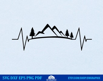 May include: Black and white silhouette of a mountain range with two pine trees on either side, with a heartbeat line below. The design is perfect for a nature lover.