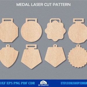 May include: Eight different laser cut medal shapes, including a circle, star, shield, and hexagon. The shapes are made of wood and are ready to be personalized.