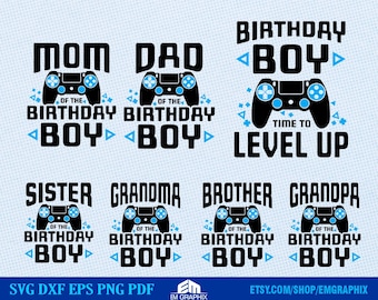 May include: A set of 10 SVG cut files featuring a video game controller with the text "Birthday Boy" and variations for different family members, such as "Mom of the Birthday Boy" and "Sister of the Birthday Boy".