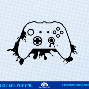 Puede incluir: Silueta en blanco y negro de un mando de videojuego con pintura salpicada detrás. El mando tiene un pad direccional, cuatro botones y dos sticks analógicos.