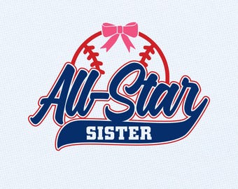 Diseño de béisbol con lazo, ideal para hermanas estrellas (archivos de corte digital) SVG PNG: Diseño deportivo con temática familiar (archivos de corte digital).