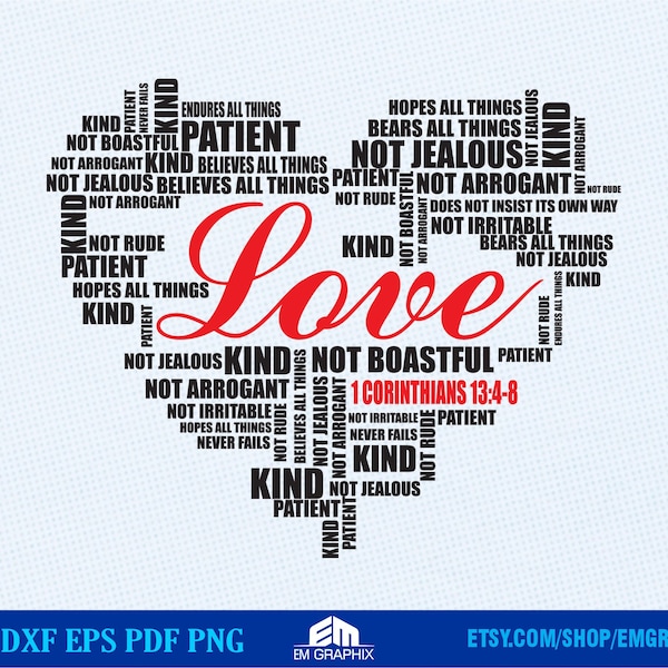 Love Never Fails Svg, Bible Verse Svg 1 Corinthians 13:4-8 Love is patient, kind | Svg Png Sublimation Design, Valentine's Day Heart Svg