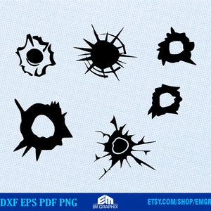 May include: Six black silhouette designs of bullet holes in various shapes and sizes. The bullet holes are isolated on a light blue background.