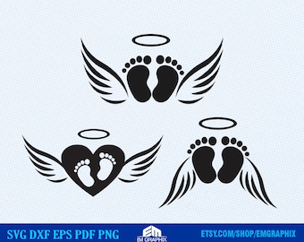 May include: Three black and white digital designs featuring a pair of baby footprints with angel wings and a halo. The first design features the footprints with wings and halo. The second design features the footprints inside a heart with wings and halo. The third design features the footprints with wings and halo.