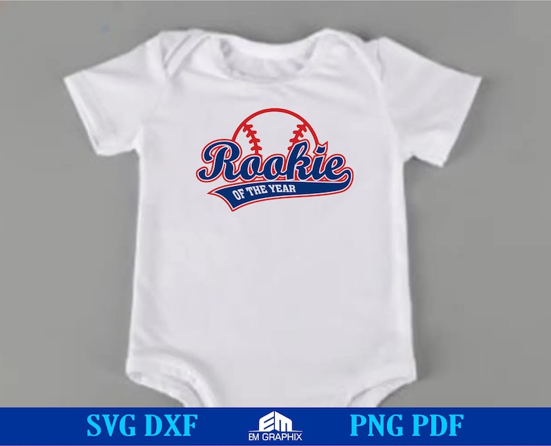May include: White baby onesie with a red, white, and blue baseball graphic and the text "Rookie of the Year".