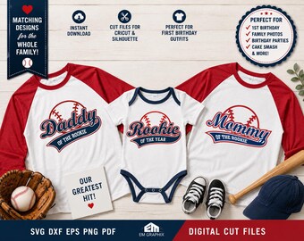 ¡Celebra el primer gran año de tu pequeño novato con este paquete de archivos SVG para camisetas familiares de béisbol a juego!