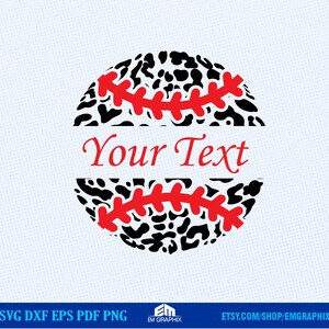 Op de afbeelding: Een zwart-witte baseball met rode naden. De baseball heeft een luipaardprint. De tekst "Your Text" staat in rood op een witte banner.