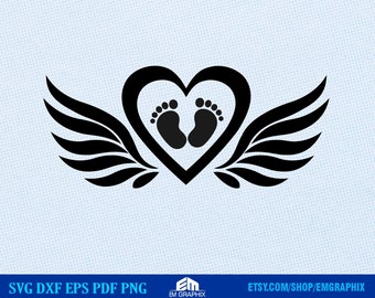 May include: Black silhouette of a heart with two baby footprints inside, flanked by two wings on either side.