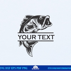 May include: Black and white illustration of a fish with an open mouth, designed for customization. The text "YOUR TEXT" is displayed in a horizontal bar across the fish's body. The design is suitable for fishing-related products.