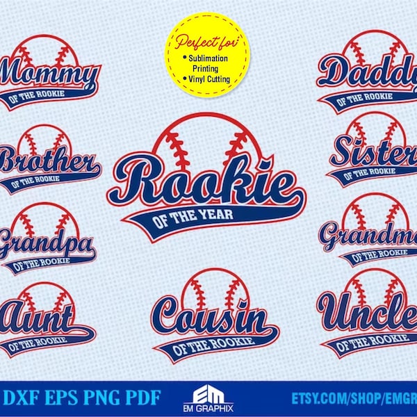 Family of the Rookie of the Year SVG | Baseball Theme Matching Birthday Outfit SVG PNG Bundle for Cut, Sublimation, Dtf Printing