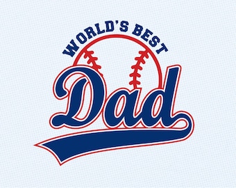 Può includere: Il miglior papà del mondo in testo rosso e blu con una grafica di baseball.
