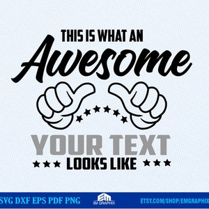 Puede incluir: Diseño gráfico en blanco y negro con el texto "This is what an Awesome YOUR TEXT LOOKS LIKE" con dos pulgares hacia arriba y estrellas.