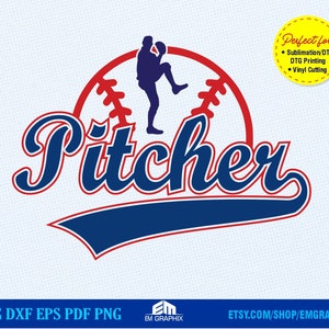 Può includere: Una grafica a tema baseball blu e rossa con la parola "Pitcher" in un font stilizzato. La grafica presenta una silhouette di un giocatore di baseball che lancia.