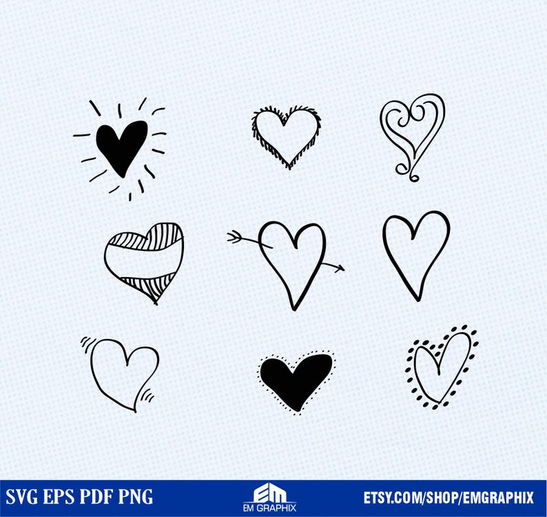 Hand Drawn Hearts SVG Bundle: Doodle Heart Clipart, Valentine Heart Png ...