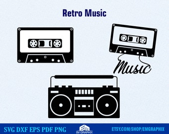 May include: Black and white silhouette of a cassette tape with the word "Music" written underneath.  A larger black and white silhouette of a boombox with a cassette tape player is below the cassette tape.  The text "Retro Music" is at the top of the image.