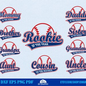 May include: A set of nine baseball-themed SVG cut files featuring different family member titles, such as "Mommy of the Rookie" and "Grandpa of the Rookie". The designs include a baseball graphic and the text in a blue and red color scheme.