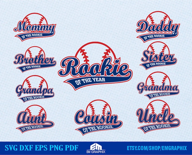 May include: A set of nine baseball-themed SVG cut files featuring different family member titles, such as "Mommy of the Rookie" and "Grandpa of the Rookie". The designs include a baseball graphic and the text in a blue and red color scheme.