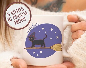 Halloween Black Cat Mug, Black Cat Mom Mug, Holiday Black Cat Gift Idea, Cute Cat Mug
