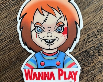 Pegatina de vinilo premium de Chucky "Wanna Play" - Halloween