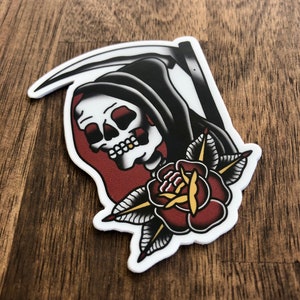 Traditional Tattoo Reaper-Old School Traditional Tattoo Style Reaper Sticker, Vinyl Sticker, Waterproof Sticker