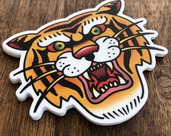Traditional Tattoo Tiger Vinyl Sticker, Weatherproof Matte Finish