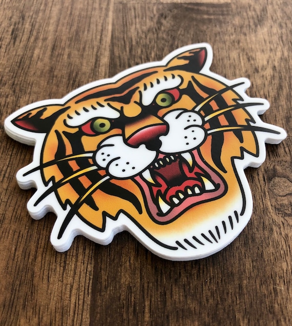 Traditional Tattoo Tiger Vinyl Sticker, Weatherproof Matte Finish