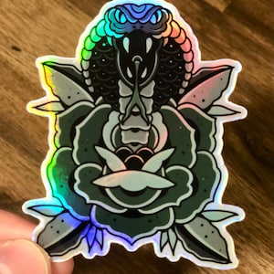 Holographic Cobra and Rose premium vinyl 3” sticker
