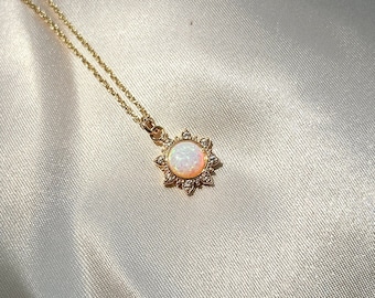 Sunburst large opal necklace • White opal sun pendant on gold chain • Celestial jewelry • Opal flower necklace with cubic zirconia