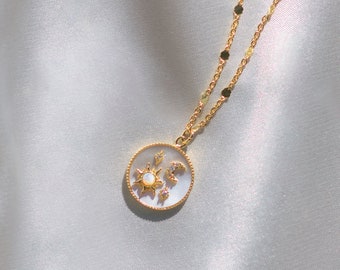 Opal moon, sun and stars pearl coin necklace, dainty circular gold celestial pendant