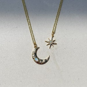 Moon and star opal friendship necklaces • White opal pendants on gold chain • Celestial matching friendship jewelry