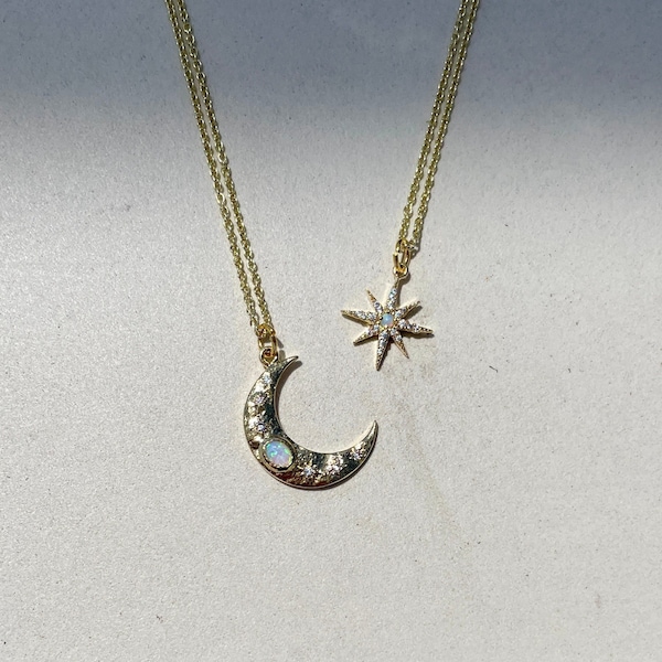 Moon and star opal friendship necklaces • White opal pendants on gold chain • Celestial matching friendship jewelry