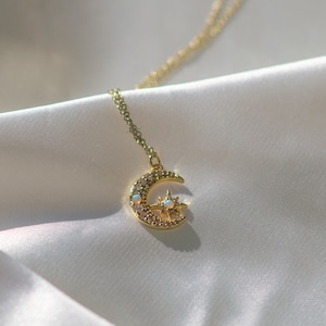 Celestial Moon and Star Opal Gold Necklace • Opal Moon Necklace  • Dainty Gold Moon Pendant • Opal and Cubic Zirconia Pendant